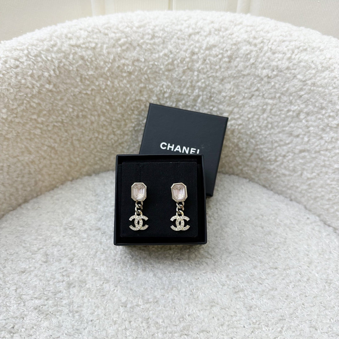Chanel 22B Lilac Resin with Dangling Crystals Logo Earrings in AGHW
