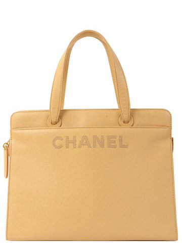 Top Quality Chanel Around 1998 Made Leather Skin Logo Embroidered Tote Bag Beige