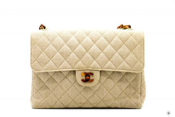 Top Quality Chanel Linen Leather/canvas Flap Bag With Tortoise Chain And CC L Natural  Leather/canvas Shoulder Bags