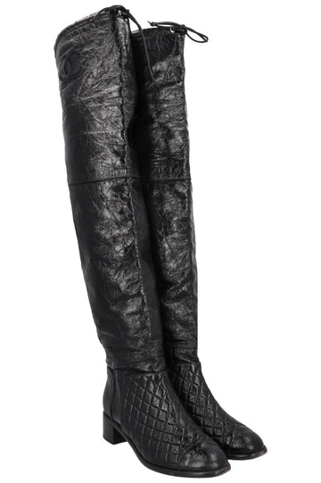 CHANEL 2018 Matelasse CC Overknee Boots Black Patent