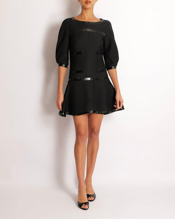 Chanel Black Mini Dress with  Leather Effect Trim Details and Globe CC Logo Button Size FR 34 (UK 6)