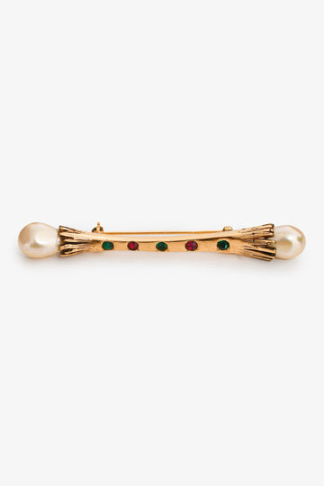 Chanel Gold-Tone Crystal Pearl Bar Brooch
