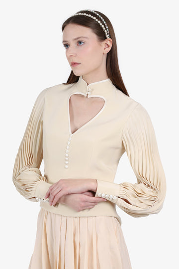 Gucci Cream Silk Pleated Heart Cut Out Top Size 38