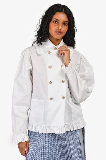 Chanel White Ruffle Hem Anchor Button Detail Blouse Size 36