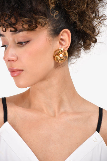Chanel Gold Tone CC Pinwheel Pearl Clip-On Earrings