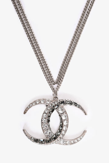 Chanel 2015 Silver Toned Dubai Moon Crystal CC Pendant Necklace