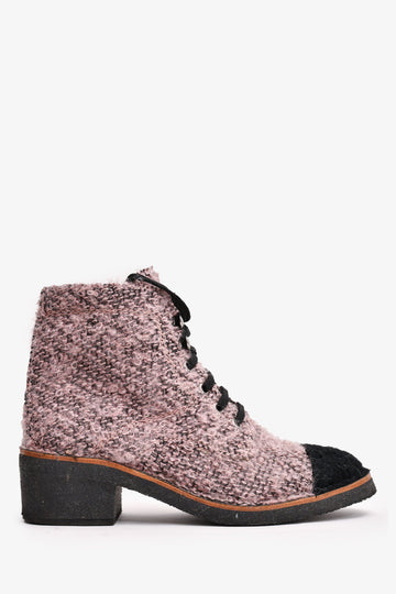 Chanel Purple/Black Tweed Lace Up Ankle Boots Size 38