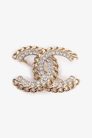 Chanel 2021 Gold Toned Chain/Crystal CC Brooch
