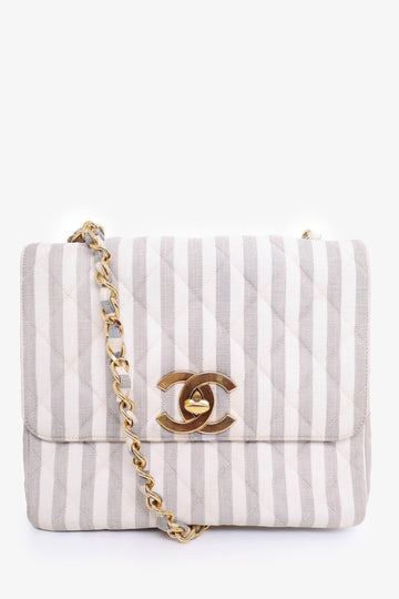 Chanel 1994-96 Grey/White Striped Chain Shoulder New 1:1 Bags