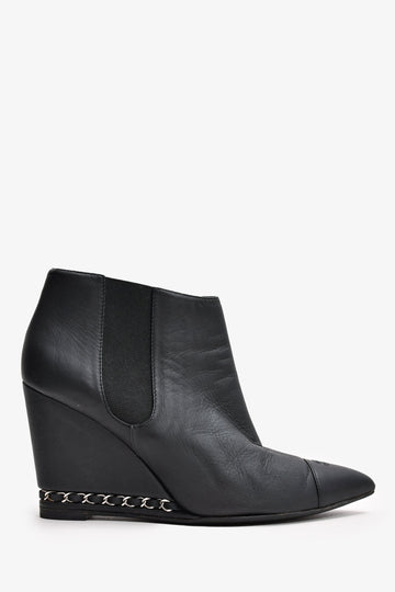 Chanel Black Leather Chain Detail CC Heeled Ankle Boots Size 36