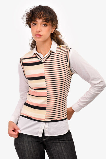 Chanel 2002 Spring Cream/White Striped Cotton V-Neck Sleeveless Top Size 38