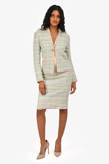 Chanel 05P Pink/Green Tweed Jacket with Midi Skirt Set Size 36