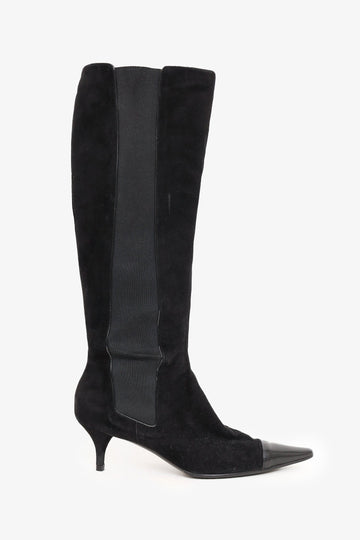 Chanel Black Suede Pointed Cap Toe Knee High Boots Size 40