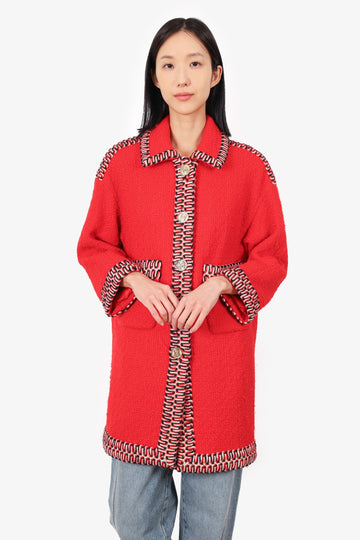 Chanel Vintage Red Tweed Braid Trim CC-button Coat Size 40