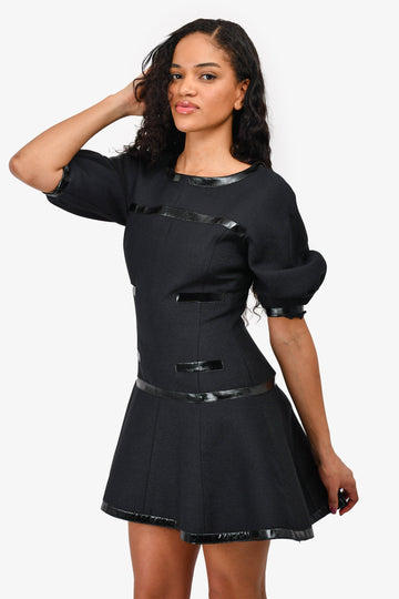 Chanel Fall 2013 Black Glitter Wool/ Patent Trim Flared Mini Dress Size 38