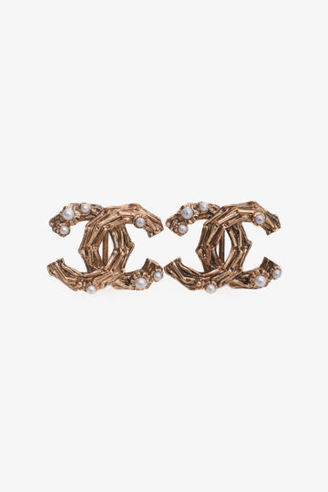 Chanel 2017 Gold Tone Faux Pearl CC Ear Clips
