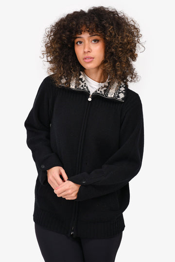 Chanel Black Cashmere Patterned Collar Zip Up Sweater Size 44