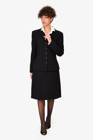 Chanel Autumn 2003 Black Tweed Wool Blazer + Skirt Suit Set Size 42