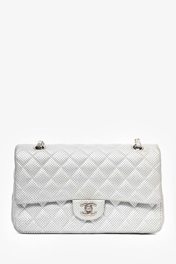 Chanel 2014 Silver Perforated Leather Medium Double Flap Shoulder New 1:1 Bags