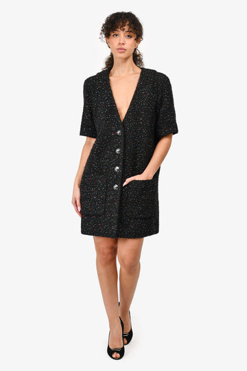Chanel Runway Black Rhinestone Embellished Tweed Dress Size 42