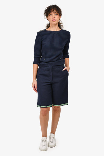 Chanel 2019 Navy Blue Cotton Tweed Long Shorts with Green Ribbon Trim Size 42
