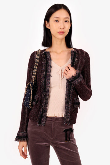Chanel 05A Burgundy Metallic Cashmere/Wool Tweed Knit Cardigan Size 36