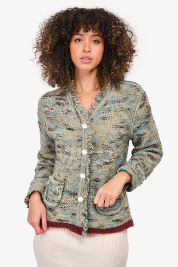 Chanel Identification 1999 Green Tweed Cardigan with Fringe Detail Size 42