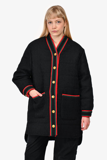 Gucci Black Red/Green Trim Detail Padded Tweed Coat Size 44