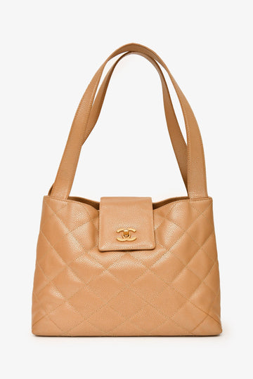 Chanel 2000-02 Beige Caviar Leather Coco Mark Shoulder New 1:1 Bags