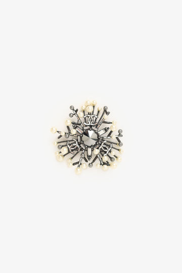 Chanel 2010 Black/Faux Pearl Silver CC Brooch