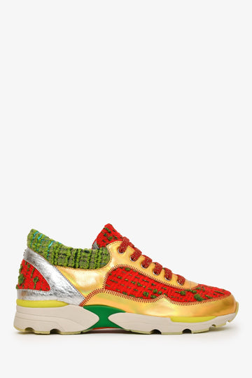 Chanel Red/Green Tweed Gold Metallic Sneakers Size 36