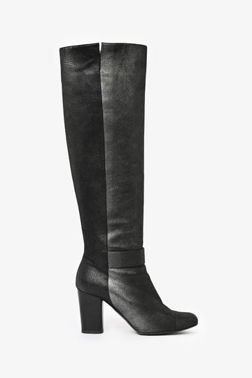 Chanel Metallic Black Suede High Knee Heeled Boots Size 39.5