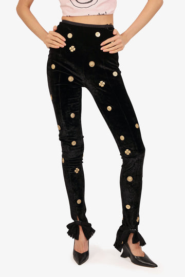 Chanel 2021 Black Velvet Charm Bow Skinny Pants Size 36