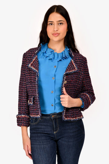Chanel 2010 Red/Navy Blue Tweed Single Breasted Jacket Size 36