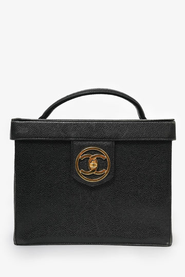 Chanel 1991-94 Vintage Black Caviar Leather CC Box Vanity Makeup Case with Chain Strap