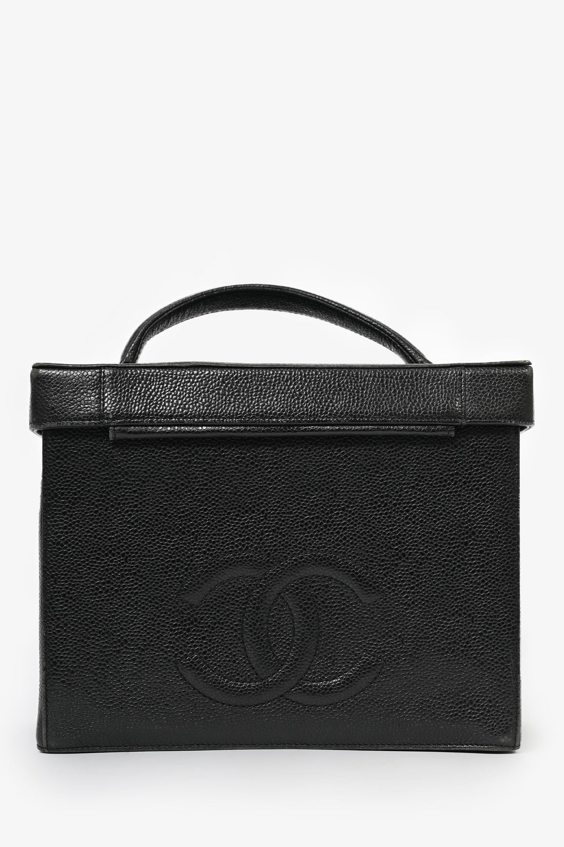 Chanel 1991-94 Vintage Black Caviar Leather CC Box Vanity Makeup Case with Chain Strap
