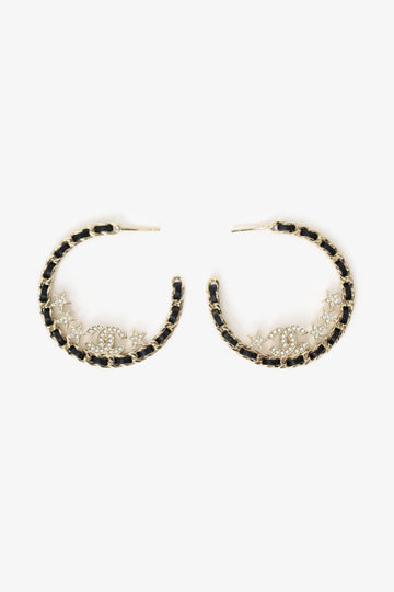 Chanel 2023 Gold-Tone/Black Leather Braided Crystal Star CC Hoop Earrings