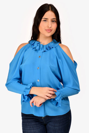 Chanel 2017 Blue Silk Ruffle Cold Shoulder Button Up Shirt Size 34