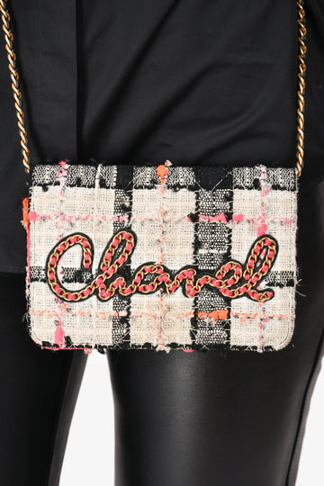 Chanel 2019 Pink/Black/Cream Tweed Wallet On Chain