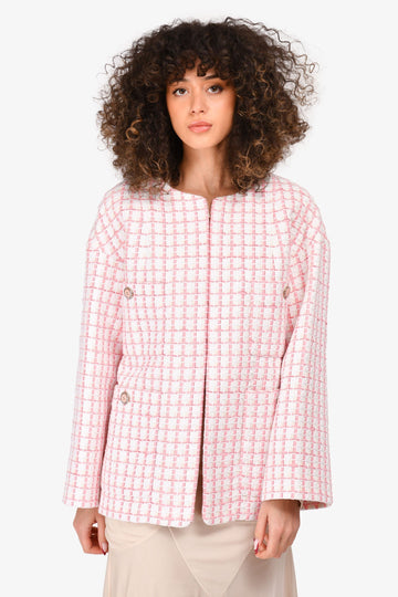 Chanel Short Sleeve 2022 Pink/White Tweed Long CC Blazer Size 36