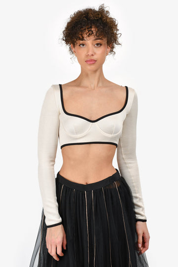 Chanel S/S 2021 Cream/Black Trim Silk Knit Bustier Crop Top Size 36