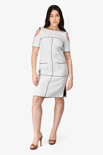 Chanel Light Grey/Multi Coloured Braided Trim Cold Shoulder Shift Dress Size 38