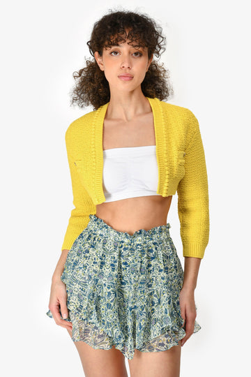 Chanel Short Sleeve 2020 Yellow Cotton Blend Knit Cropped Cardigan Size 34