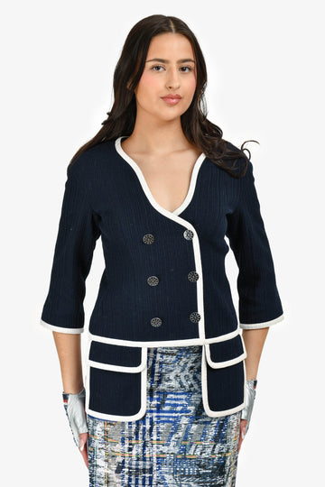 Chanel Navy/White Textured Cotton Jacket Size 40