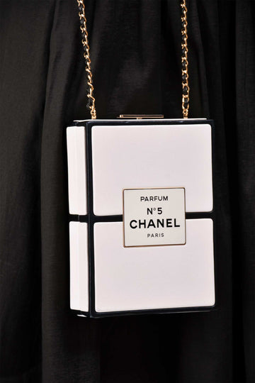 Chanel Black/White Leather No. 5 Perfume Clutch Evening Clutch