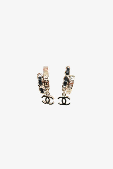 Chanel 2022 Gold Toned Leather Chain CC Small Hoop Earrings