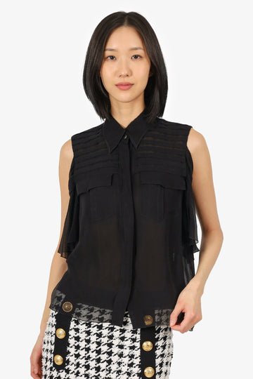Chanel 06A Black Silk Ruffled Off-The-Shoulder Blouse Size 38