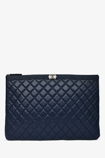 Chanel 2015-16 Navy Blue Quilted Lambskin Leather Large Zip O Case