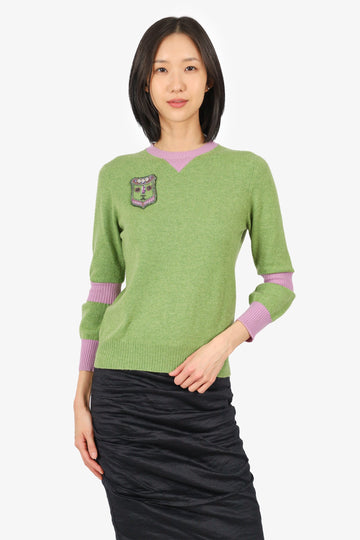 Chanel Green/Lilac Cashmere Long Sleeve Embellished Sweater Est. Size 36