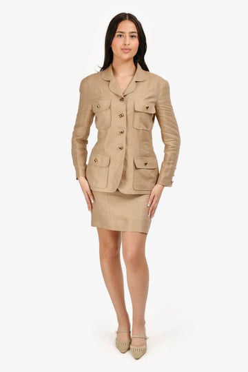 Chanel Cruise Collection 1992 Beige Linen CC Button Skirt Suit Size 40